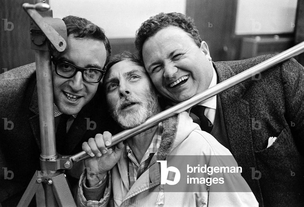 Spike Milligan with Harry Seacombe and Peter Sellers rehearsing for the Goons radio show for the BBC. March 1963