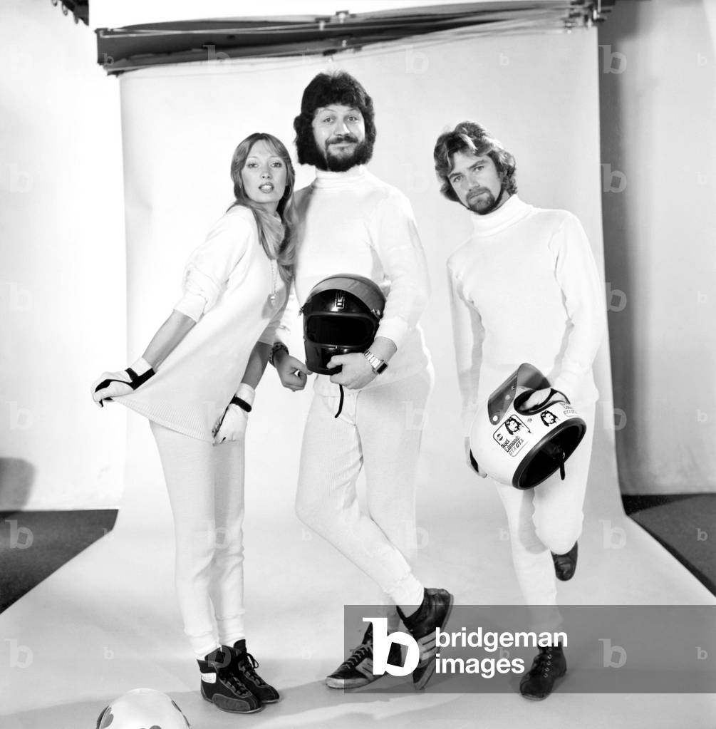 A Fireproof Combination. Noel Edmonds, Dave Lee Travers, Maureen Lynn, February 1975(b/w photo)
