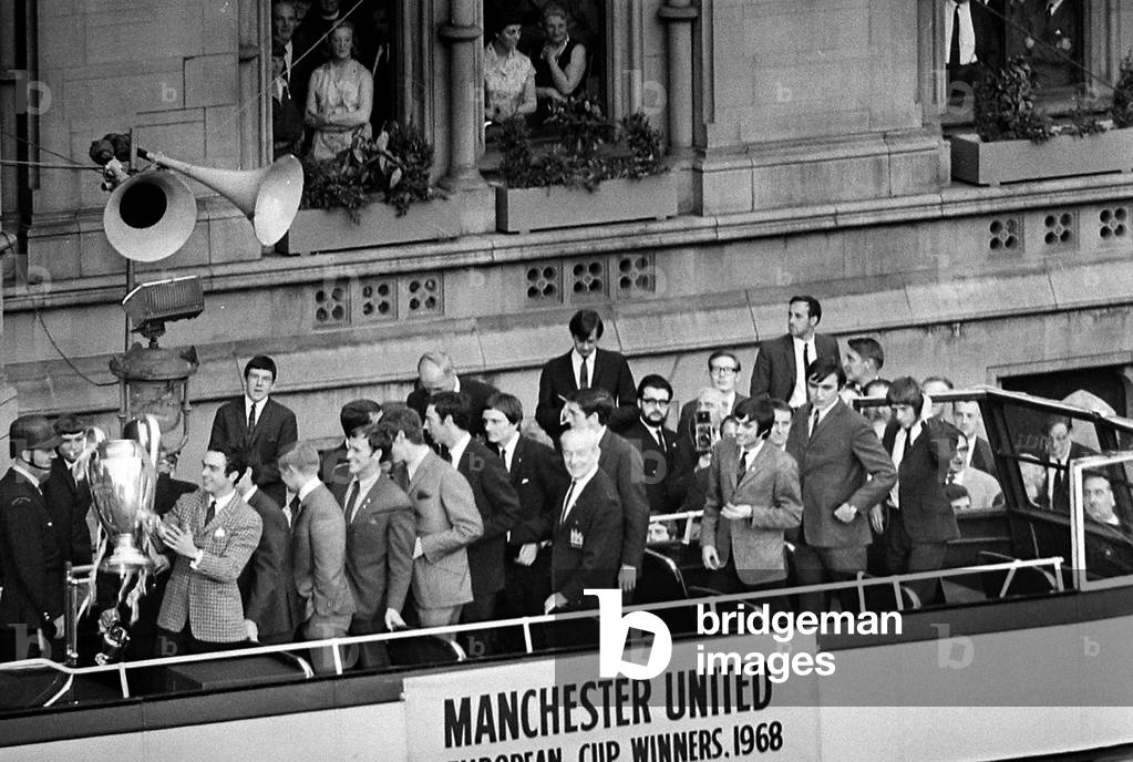 Manchester United Football Team return after winning the European Cup - Team and management on the bus outside Town Hall. June 1968 (photo)