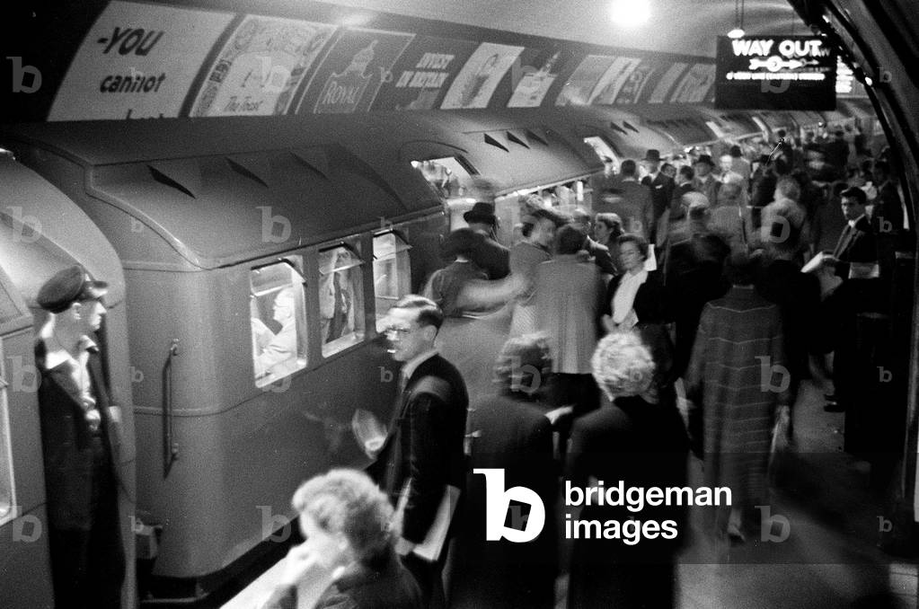 Overcrowding on the Central Line platform during the rush hour at Liverpool Street Station July 1953 (b/w photo)