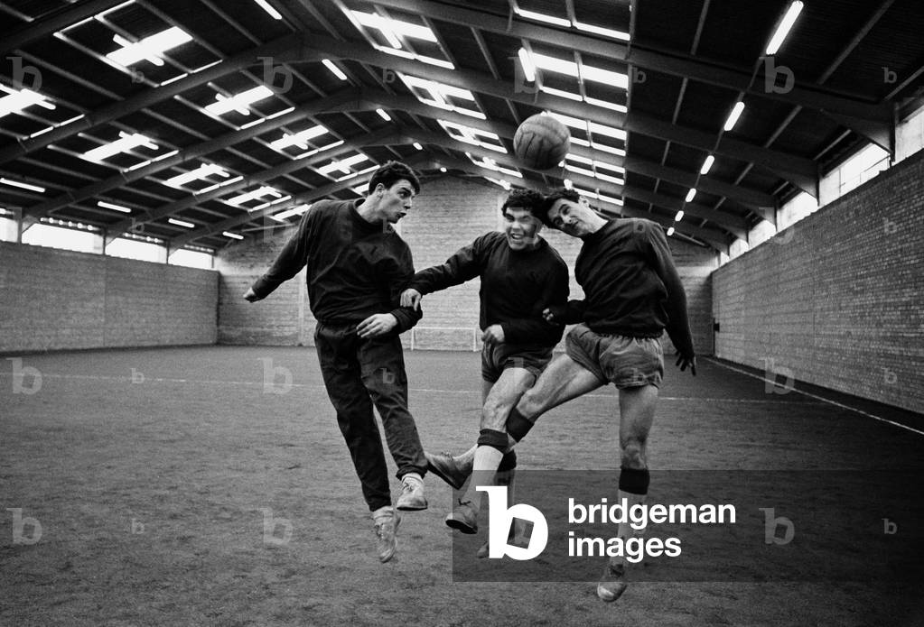 Everton players Fred Pickering, Alex Scott and Derek Temple training at their brand new indoor training quarters in West Derby, Liverpool. 2nd March 1966 (photo)