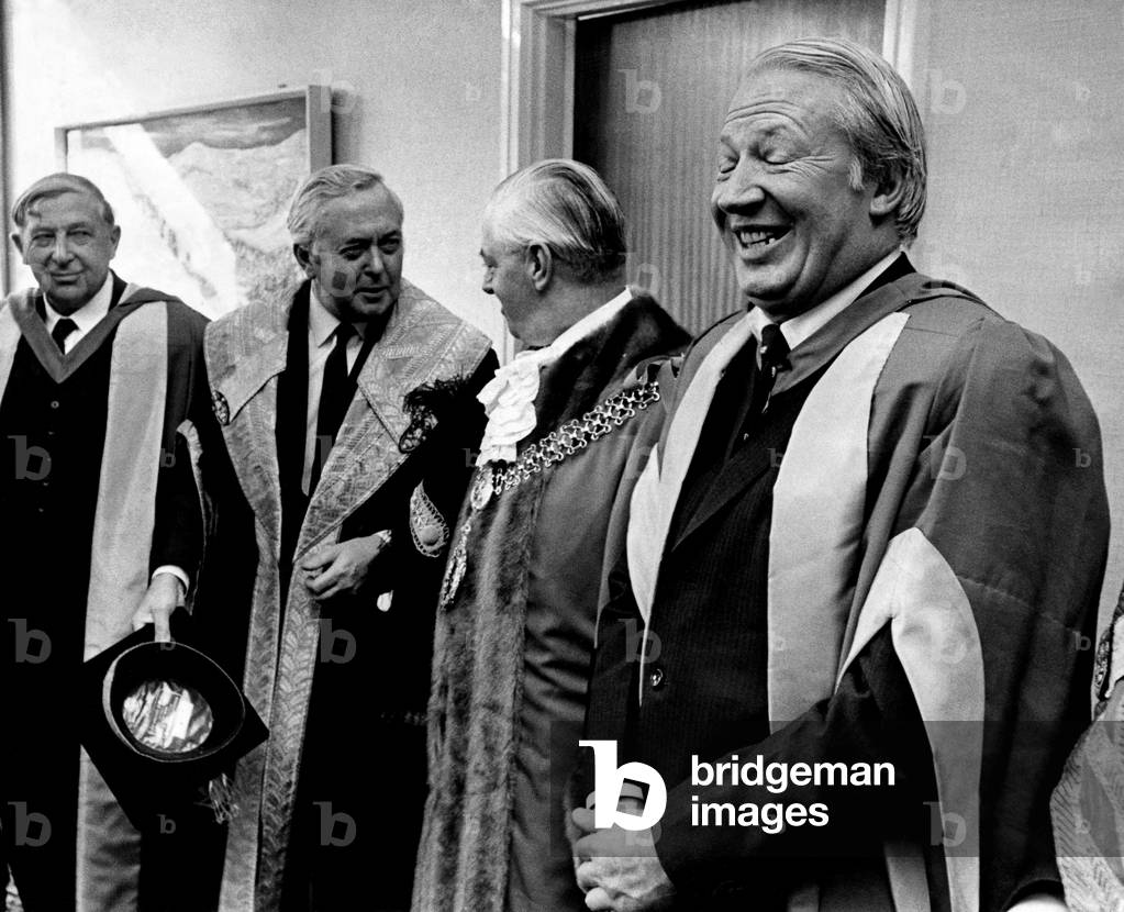 Harold Wilson confers degree on Edward Heath. Harold Wilson and Edward Heath pictured in the robing room. October 1971