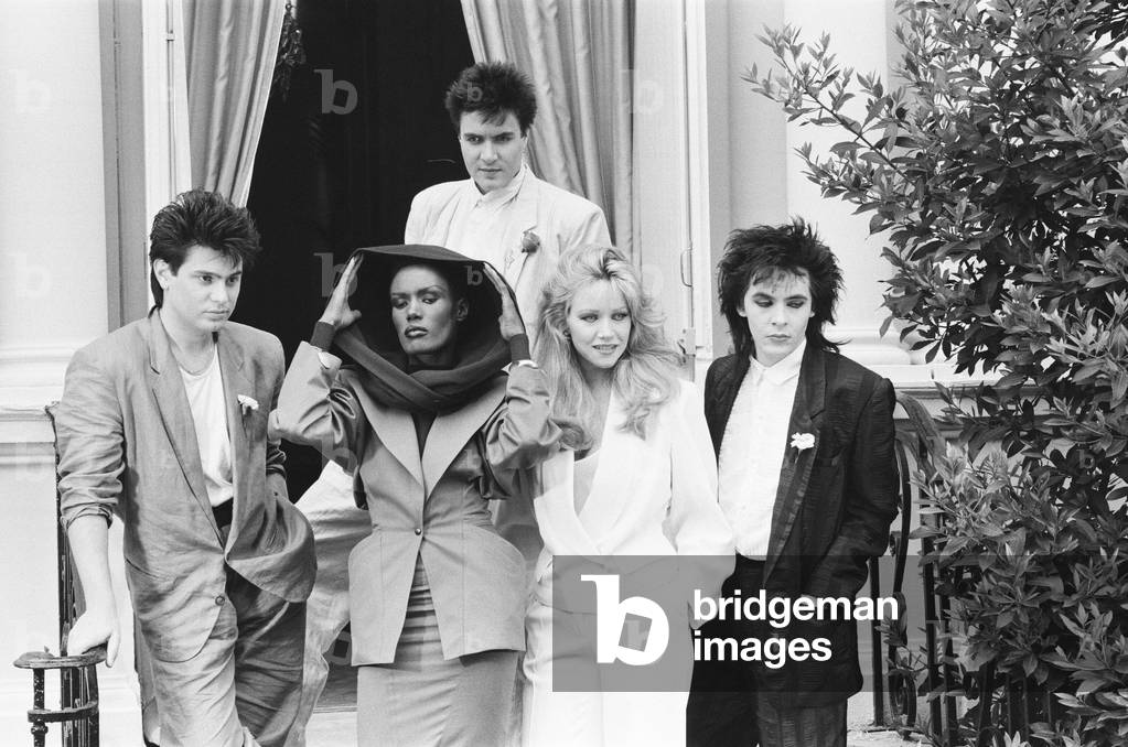 Photo-call, A View to a Kill, new James Bond film, starring actresses Grace Jones and Tanya Roberts, with theme tune by music group Duran Duran, 13th June 1985 (b/w photo)