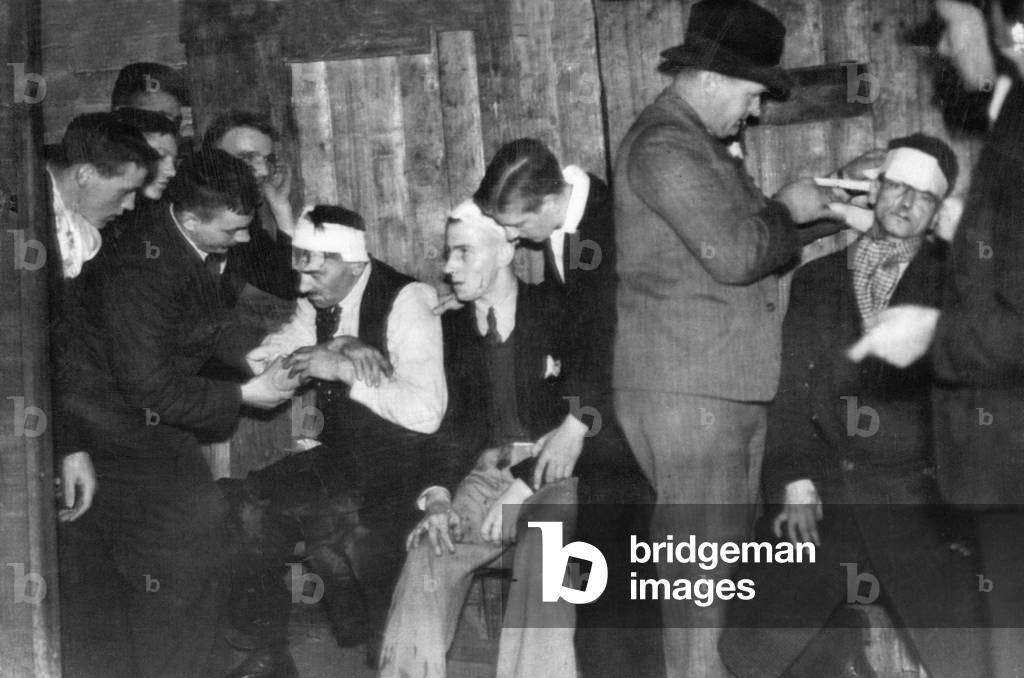 Coal Strikes - First aid in the village hall after Saturday's midnight battle with Police. 26th April 1937.