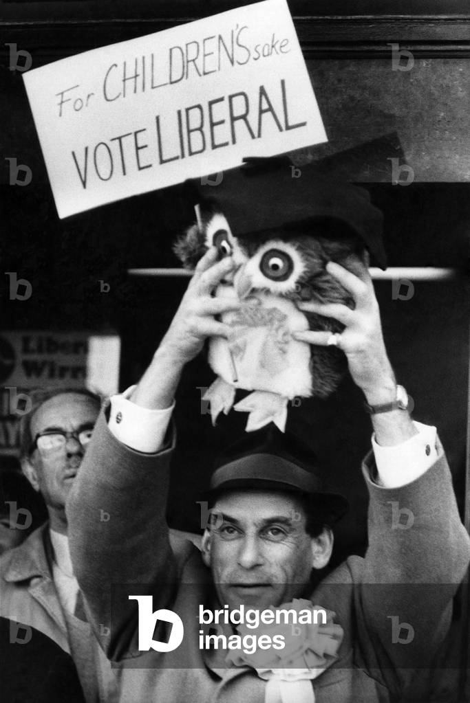 Liberal party leader Jeremy Thorpe holding a stuffed toy, 
March 1976
