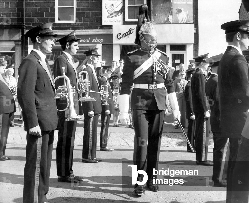 Bedlington Miners Picnic - Corporal of Horse William Sampson, Household Cavalry, inspects bandsmen at the miners' gala at Bedlington, 8 June 1968