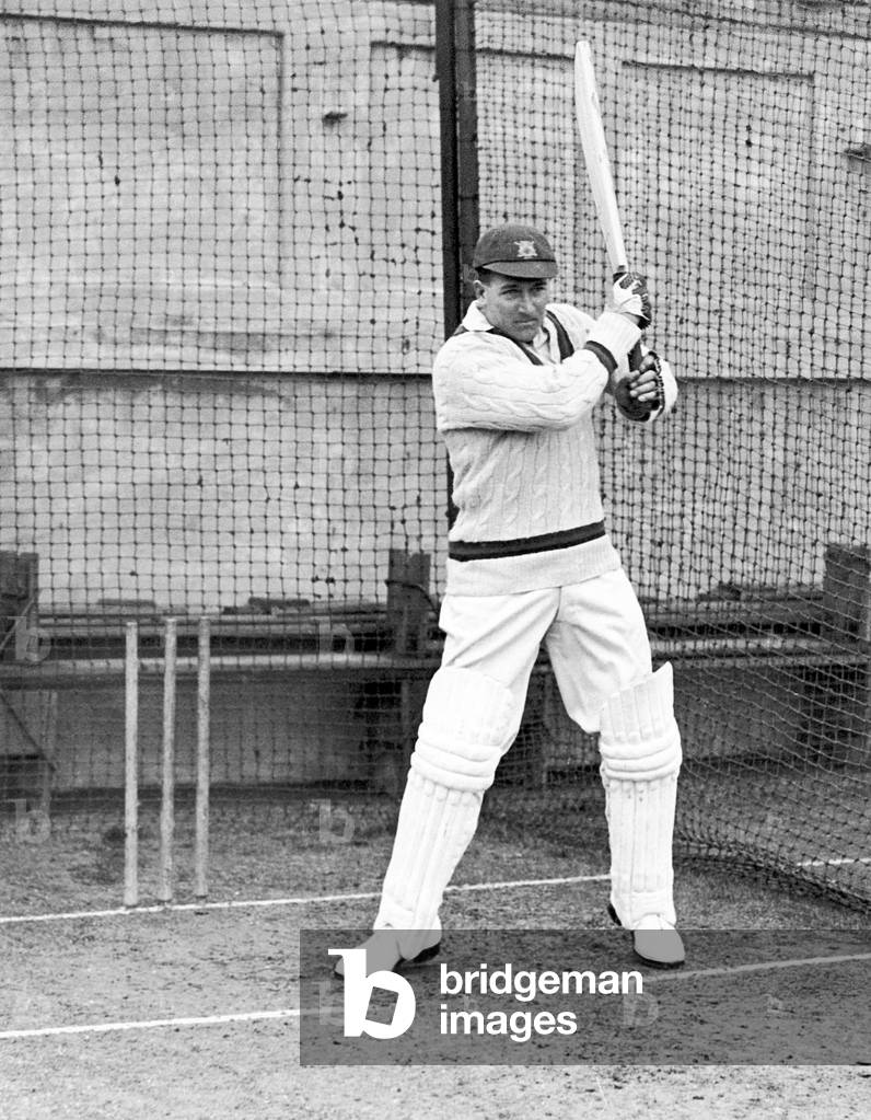 Harold Larwood in batting practice, c. 1930 (b/w photo)