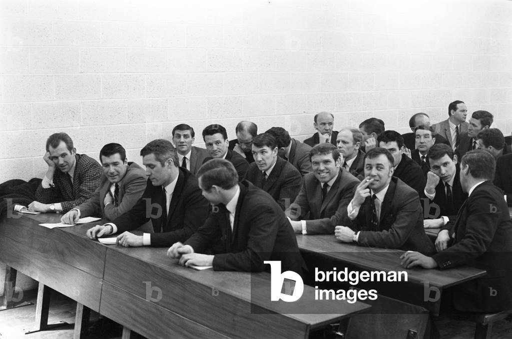 Football Association teach-in at Leeds University with Sheffield United manager John Harris, Leeds manager Don Revie and Johnny Steele of Barnsley. 12th February 1969 (photo)