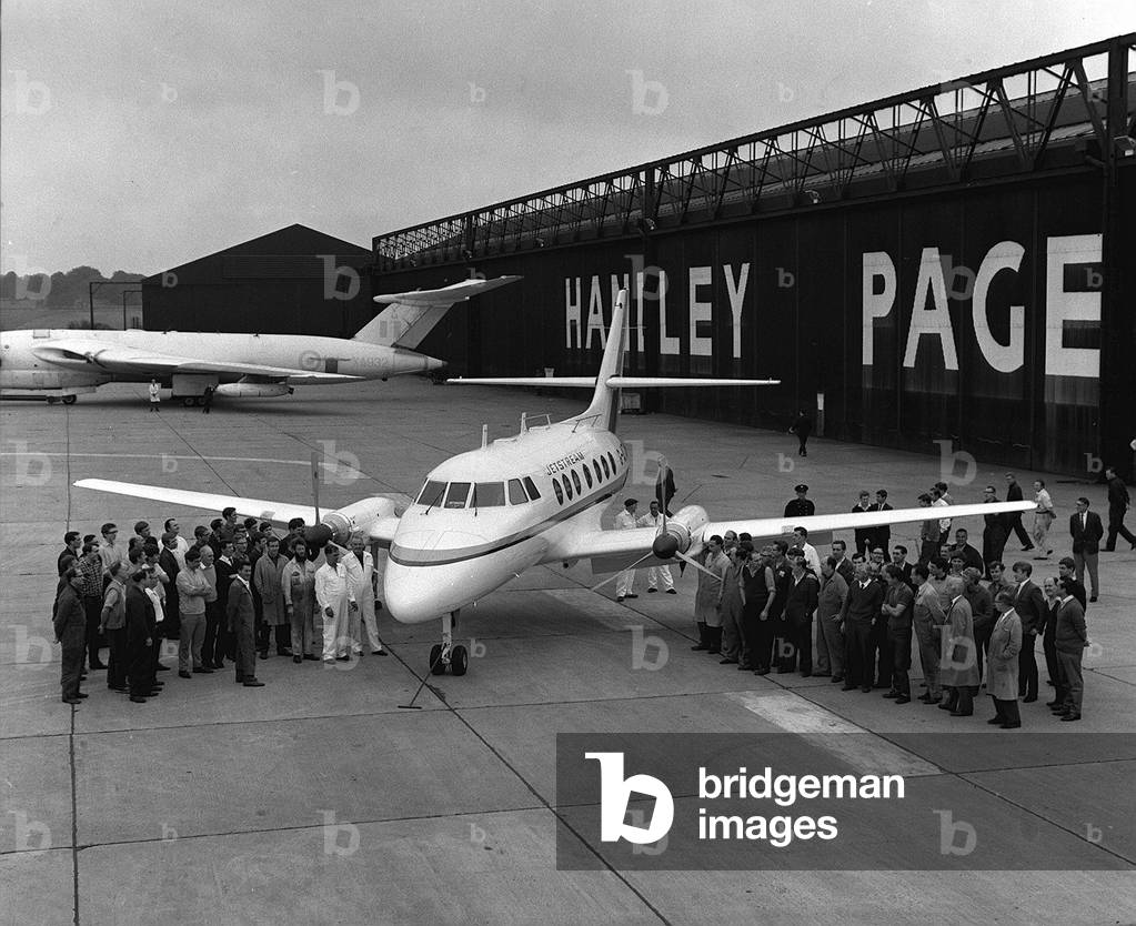 G-ATXH Handley Page's first Jetstream Business Aircraft was 'rolled' out at the Ten Acre final assembley hall at Radlett Aerodrome Hertfordshire, 1967 (b/w photo)