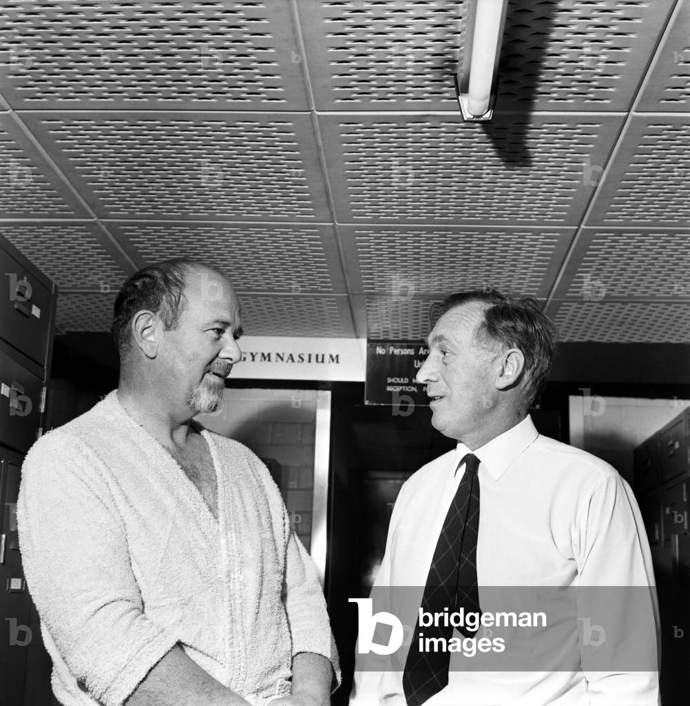 Sport: Rugby Union South African visit to Sauna baths: Managers face to face at a Sauna Bath in Fennell Street, Manchester, Corrie Bornman, of the Springboks, and Joe Mercer, of Manchester City. December 1969