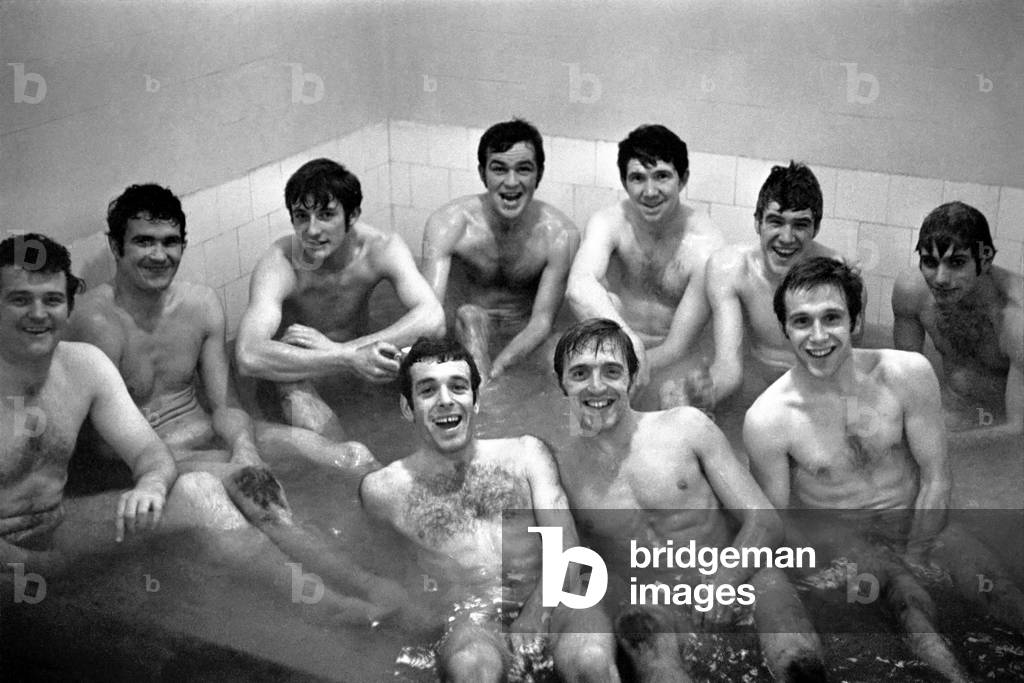 English League Division One match at Goodison ParkEverton 0 v Liverpool 3. Liverpool players celebrate in the bath in their dressing room after the match. December 1969 (photo)
