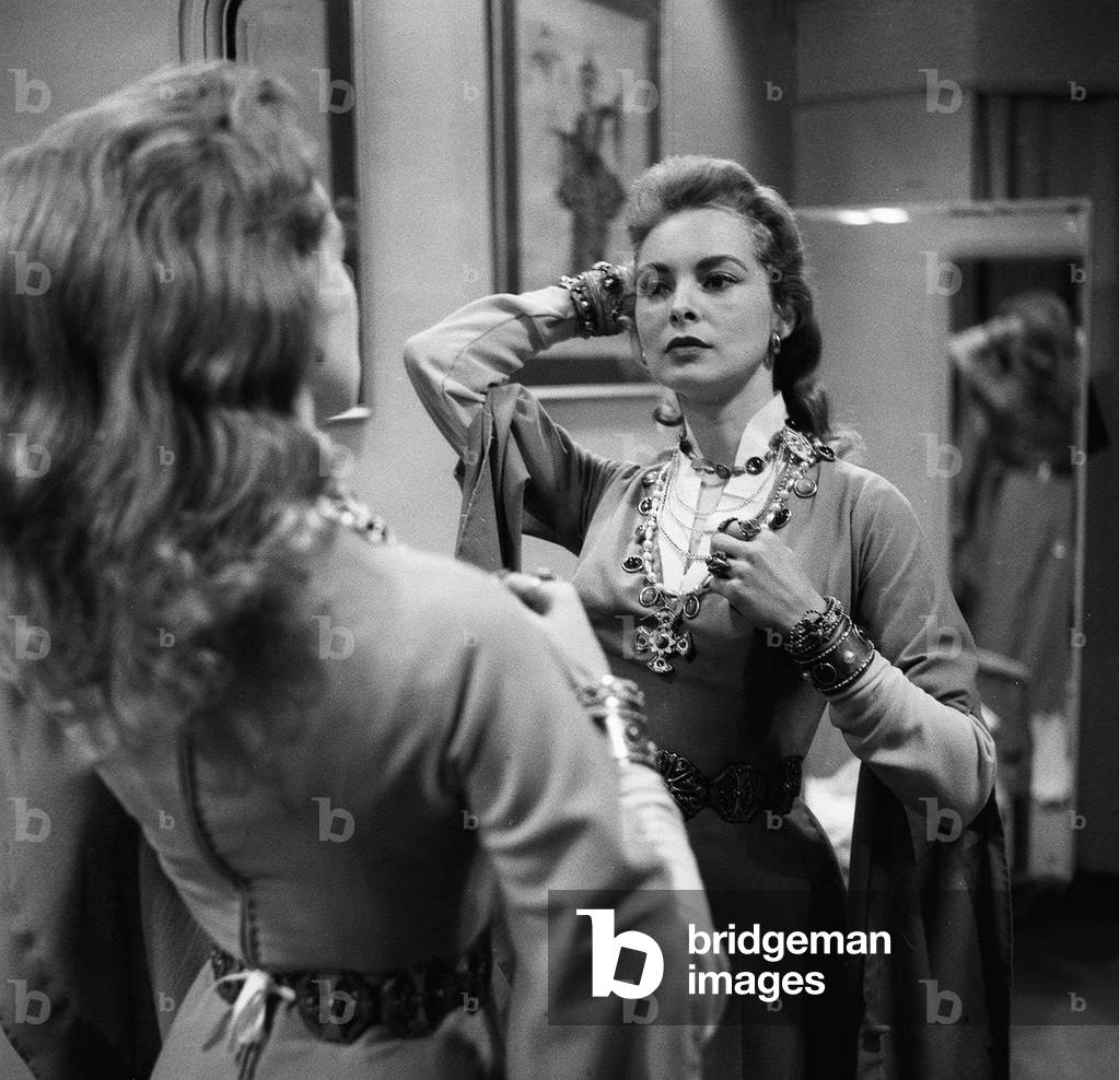 Actress Janet Leigh at a costume fitting for the film The Vikings, June 1957 (b/w photo)