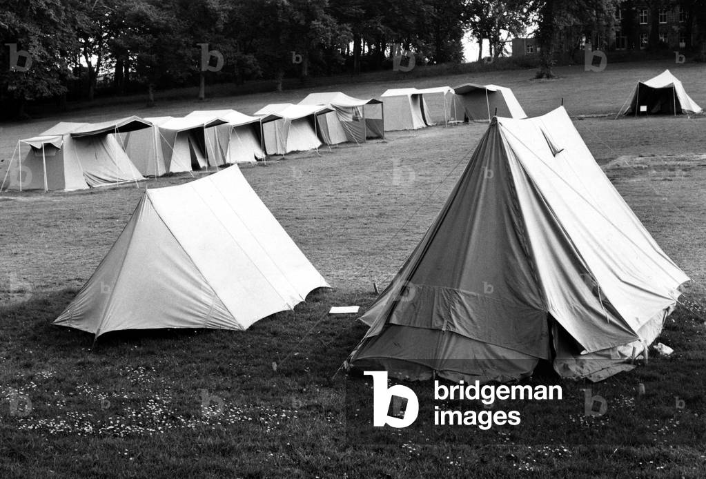 Campsite with various size tents. 31st July 1966 (b/w photo)