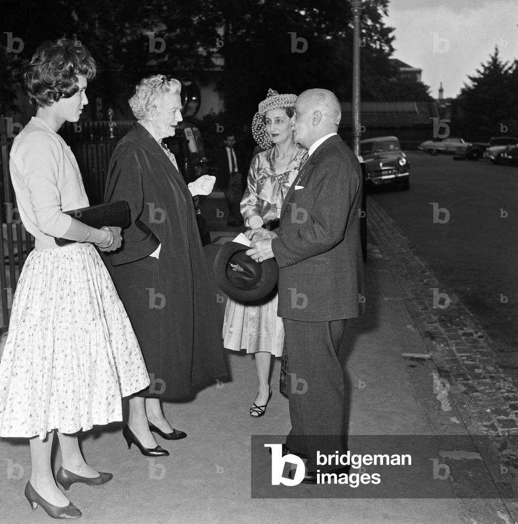 Lady Churchill talking to President of the Free French Forces in London, M. Burdet, 1958 (b/w photo)