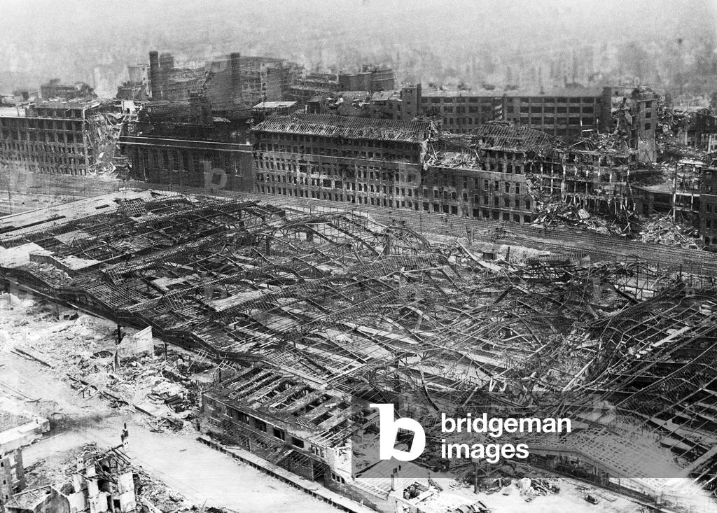 RAF bomber damage in Hanover The devastation caused by RAF bombing to a large factory and rail-yard in the centre of Hanover by the main station. 11th April 1945 (b/w photo)