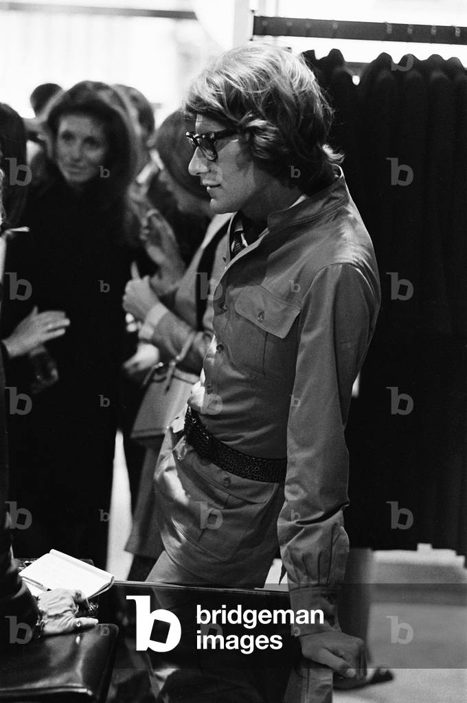 Yves Saint Laurent, in his first London store, 1969 (b/w photo)