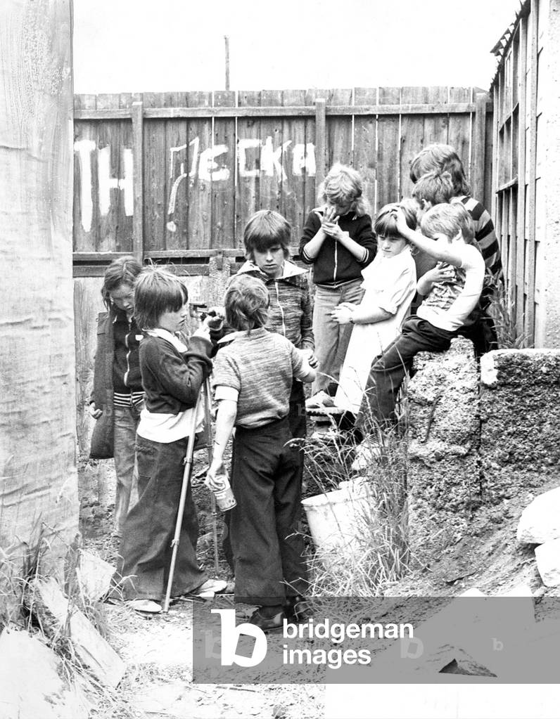 Local children from the Walker area who were in a film about vandalism in 1977 (b/w photo)