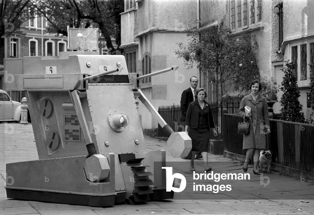 War Machines used by intelligent computer, WOTAN, in Doctor Who BBC TV Series, Episodes titled The War Machines. First aired 25th June 1966. Pictured, War Machines parked in Cornwall Gardens Walk, South Kensington, London, 26th May 1966 (b/w photo)