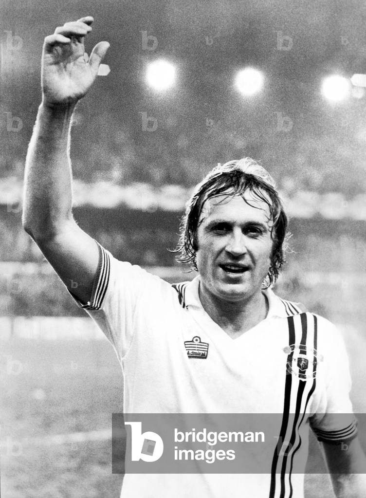 FA Cup Semi Final replay at Goodison Park. Liverpool 0 v Manchester United 1, Manchester United's Jimmy Greenhoff celebrates at the end of the match after his headed goal sent United into the FA Cup Final to play Arsenal, 4th April 1979 (b/w photo)