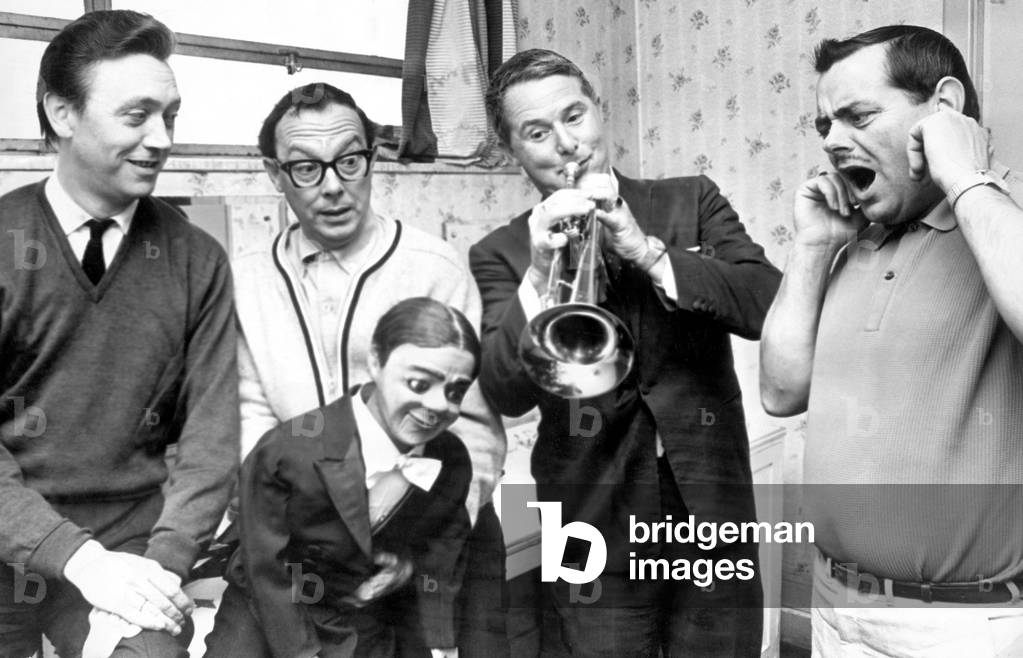 Morecombe & Wise appeared at Coventry Theatre in a rare stage show which ran for seven nights. They are pictured here with solo trumpeter, Eddie Calvert(left), ventriloquist, Arthur Worsley(right) and his dummy, Charlie Brown.