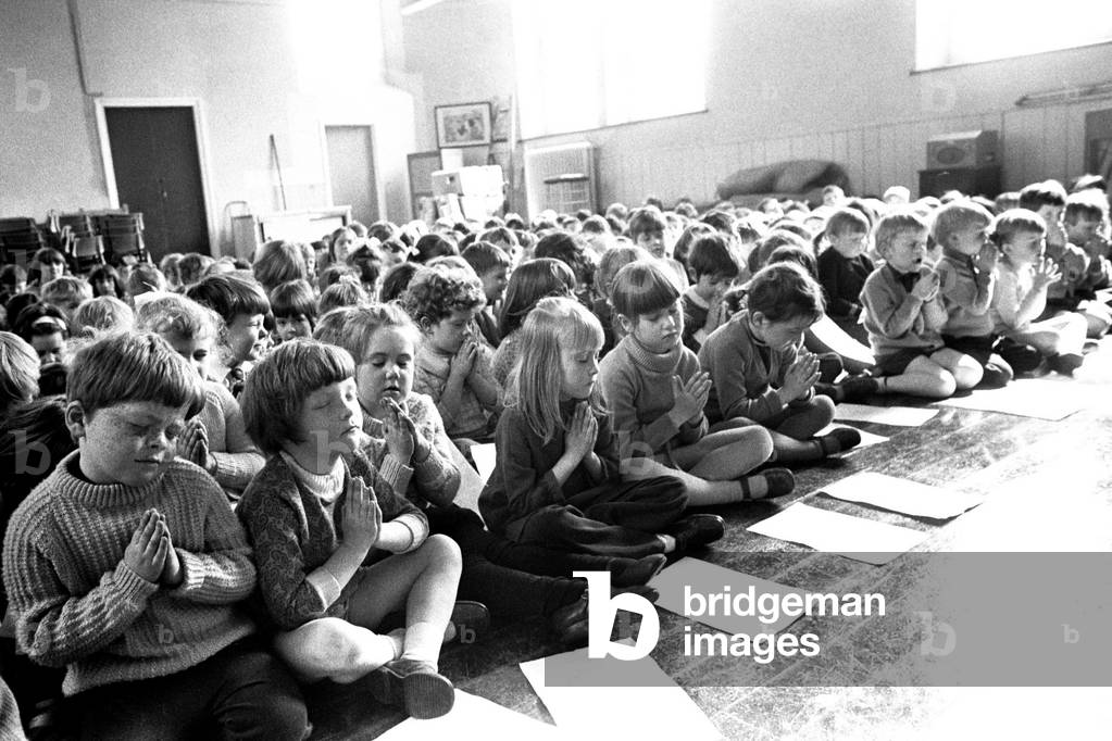 The youngsters in assembly at Seaton Delaval First School, Tyne and Wear, 14th April 1970 (b/w photo)