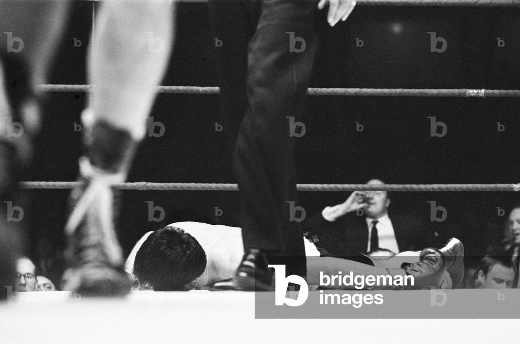 Boxing match between Jimmy Tibbs (white shorts) v Franco Macchia, held at the Royal Albert Hall, Kensington, London. Won by Jimmy Tibbs. 7th March 1967 (b/w photo)