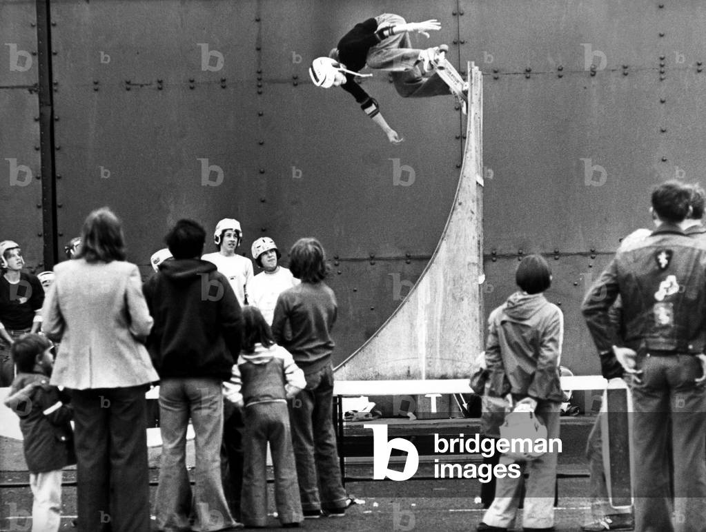 Action from the Super Skate 78 chamionships at Albermarle Barracks, Ouston, with Andrew Hibbard of Corbridge making a trial run through the slalom on 1st July 1978 (b/w photo)