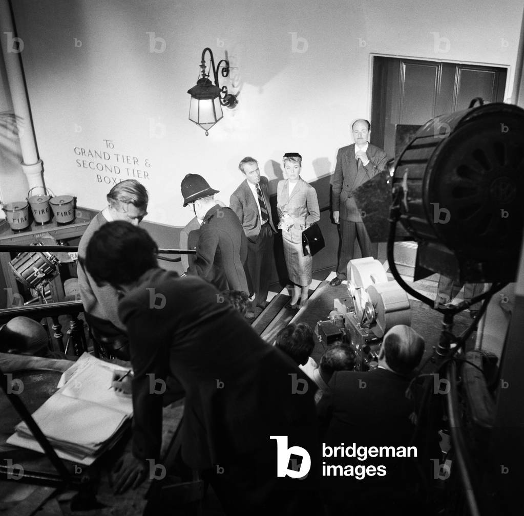 James Stewart and Doris Day on the set of the film 'The Man Who Knew Too Much' directed by Alfred Hitchcock. 14th June 1955.