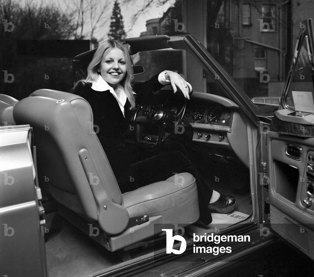 Sally Thomsett T.V. actress and Rolls Royce, March 1975 (b/w photo)