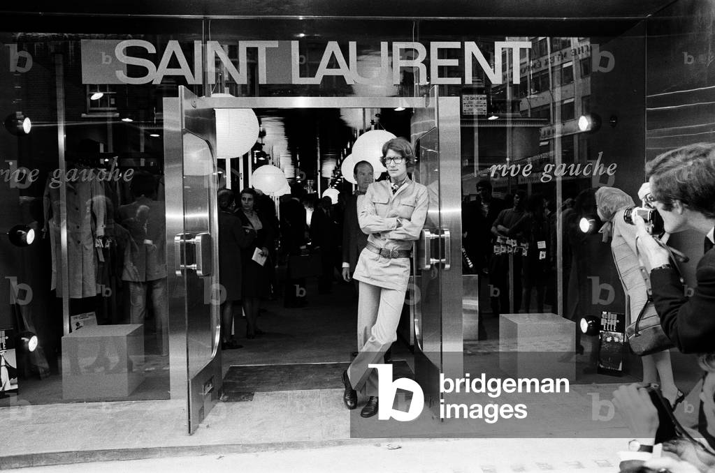 Yves Saint Laurent, designer, pictured outside his first London Rive Gauche store on New Bond Street, London, opening day, 10th September 1969 (b/w photo)