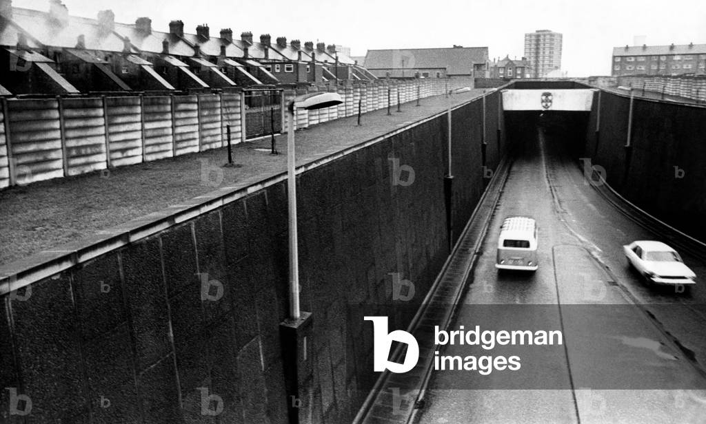The Tyne Tunnel, runs under the River Tyne from Howdon in North Tyneside to Jarrow in South Tyneside - Traffic entering the tunnel 5 January 1976