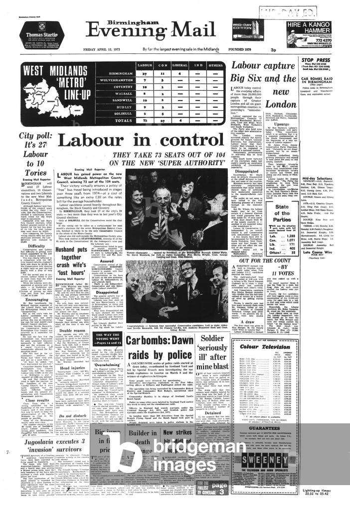 Birmingham Evening Mail Front Page Published Friday 13th April 1973 (b/w photo)