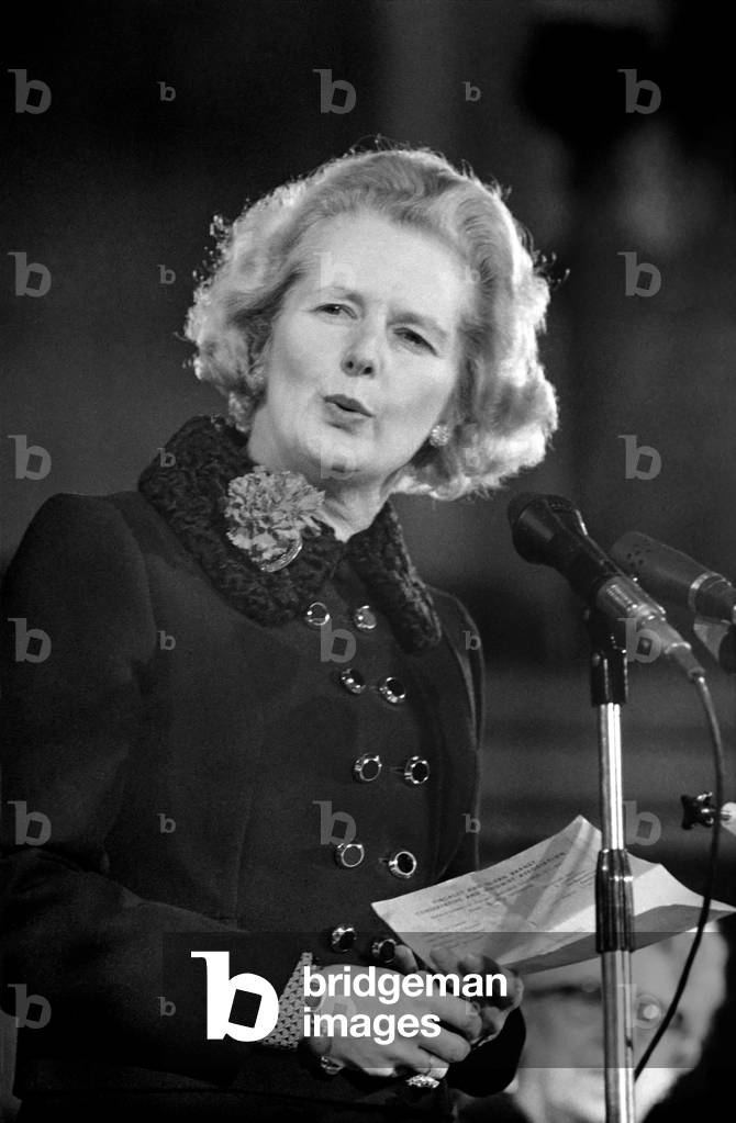 Mrs. Margaret Thatcher Talks to Tradesmen. Mrs. Thatcher speaking, February 1975 (b/w photo)