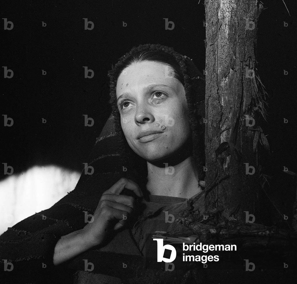 Actress Cathy O'Donnell between takes during the making of the film Ben Hur in Rome, October 1958 (b/w photo)