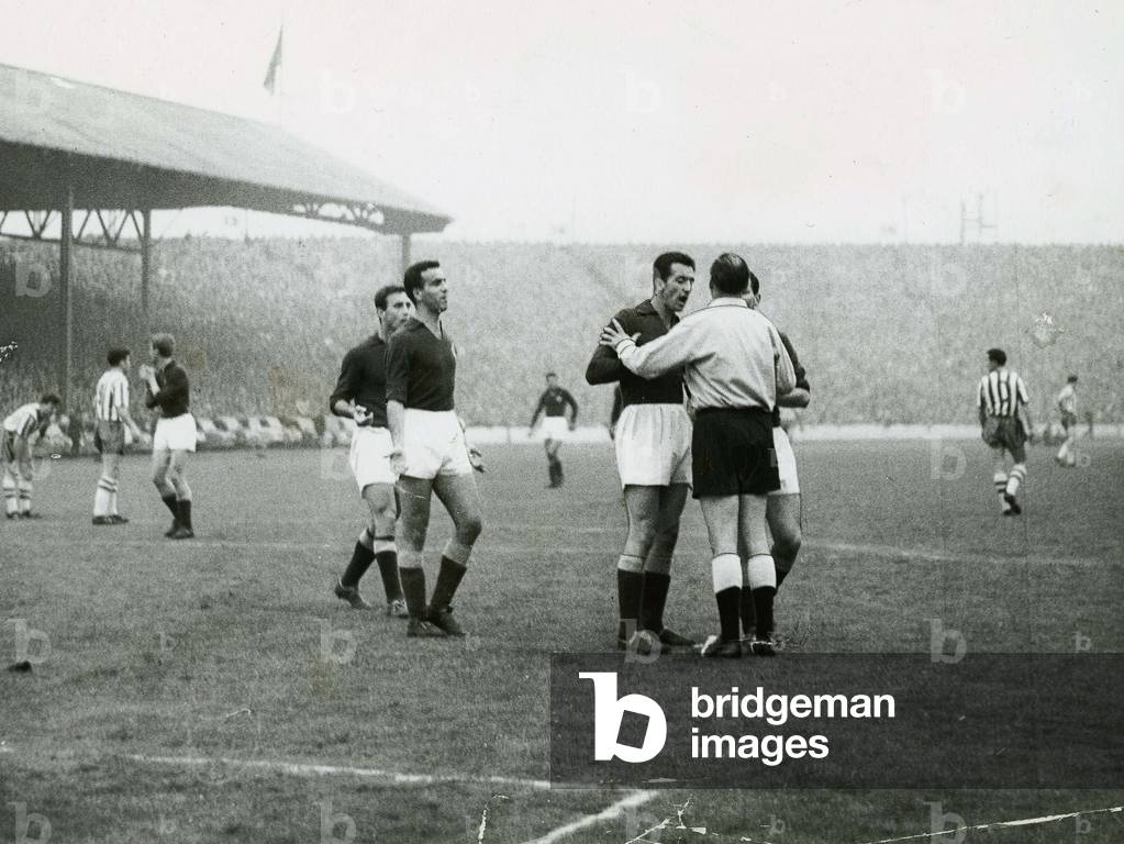 European Cup Winners Cup Final First Leg match at Ibrox May 1961Rangers 0 v Fiorentina 2 (Fiorentina win 4-1 on aggregate)Referee Steiner calling two Fiorentina football players down during the match (photo)