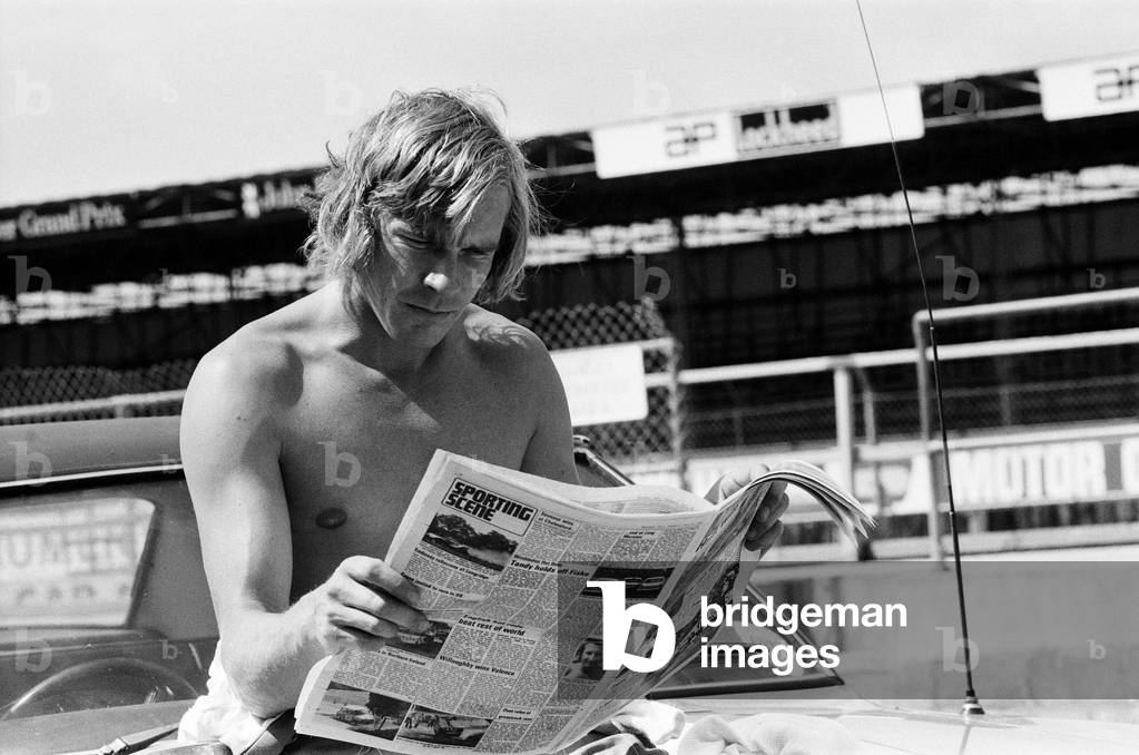James Hunt puts his new car, the Marlborough-McLaren M.26, through its paces at Silverstone. It is hoped the car, designed by Concorde designer Gordon Coppenck, will be ready in time for the German Grand Prix this weekend. 23rd July 1976 (b/w photo)