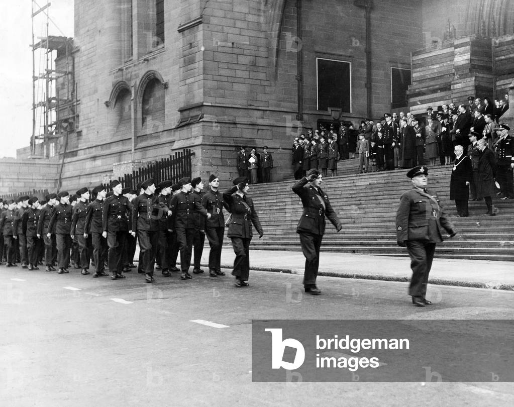 Members of the Air Training Corps on parade walking past the Anglican Cathedral in Liverpool. 22nd September 1941 (b/w photo)
