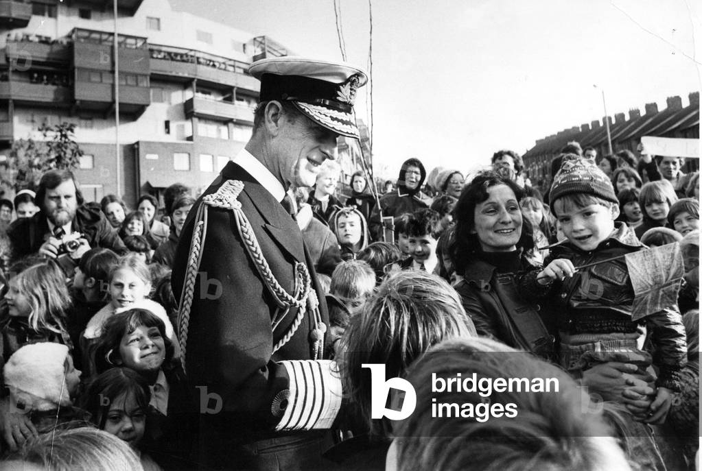 Prince Philip, Duke of Edinburgh, visits the Byker Wall Housing development in Byker, Newcastle - chatting to local people, 08/11/1974