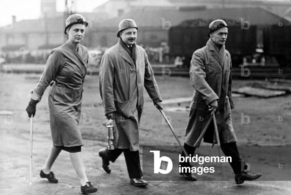 Prince George and Princess Marina - The Duke and Duchess of Kent North East Royal Visits The Princess dressed to go underground on her way to the pit-head during her visit to Horden Colliery in Durham, c. 15 October 1944 (b/w photo)