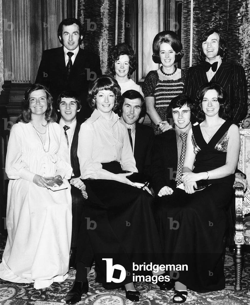 Rangers Civic Reception for players and their wives. Back Row left to right: Peter McCloy, Anne McCloy, Edith Mathieson, Willie Mathieson Front row: Linda Forsyth, Tom Forsyth , Anne Houston, Doug Houston, Tom McLean and Beth McLean, 6th December 1973 (b/w photo)