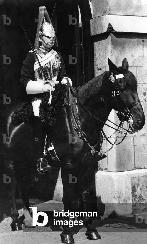 A mounted horseman on parade at Horseguards Parade. June 1979