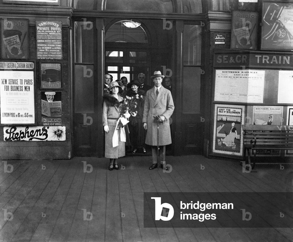 Duke and Duchess of York at Victoria Station before leaving for Serbia, 19 Oct 1923 (b/w photo)