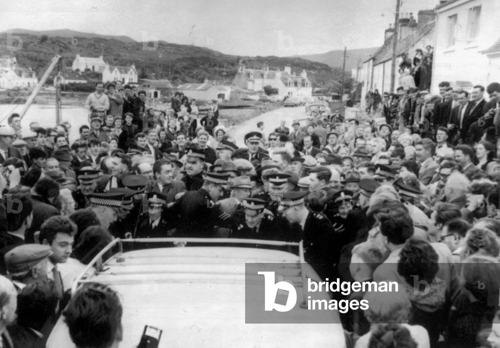 Protestors in Kyleakin on the Isle of Skye demonstrate against Sunday ferry service, which they believe is in breach of the sabbath June 1965 (b/w photo)