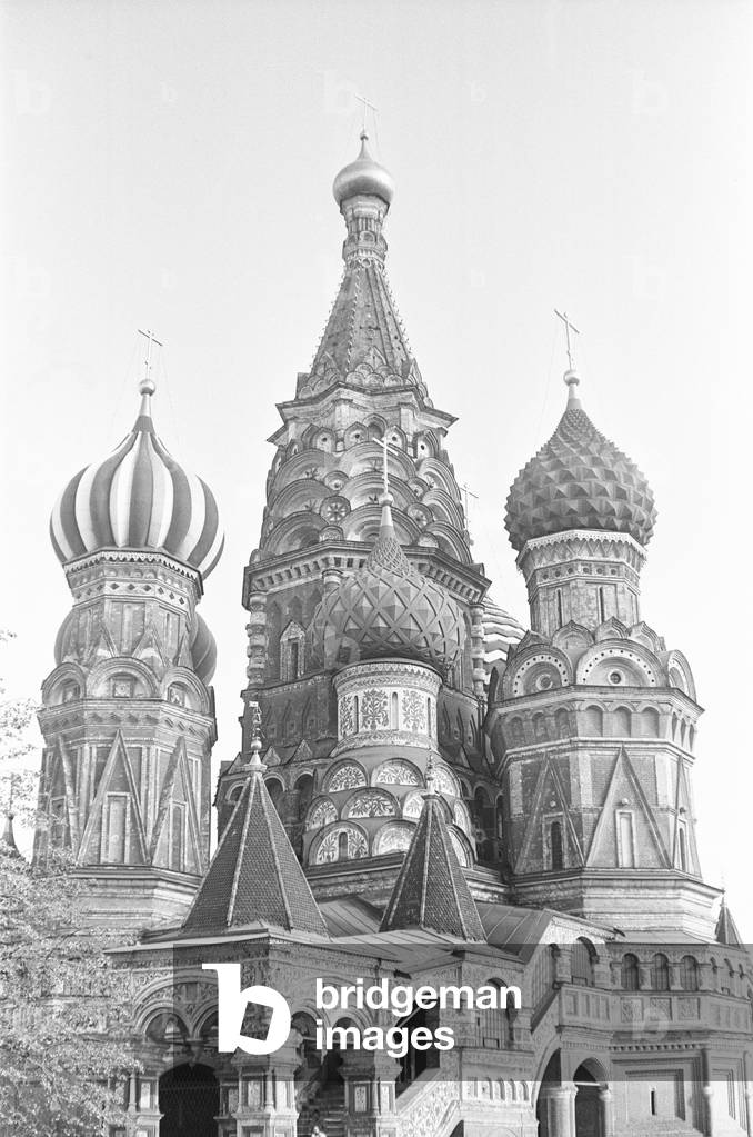 The Cathedral of Vasily the Blessed, commonly known as Saint Basil's Cathedral, in Red Square in Moscow, Russia 17th October 1976 (b/w photo)