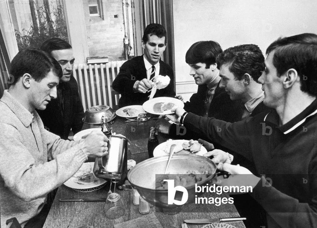 Birmingham City players enjoy lunch at Lilleshall Hall. Left to right are: Fenton, Wylie, Beard, Hockey, Thwaites and Martin. 8th February 1966 (photo)