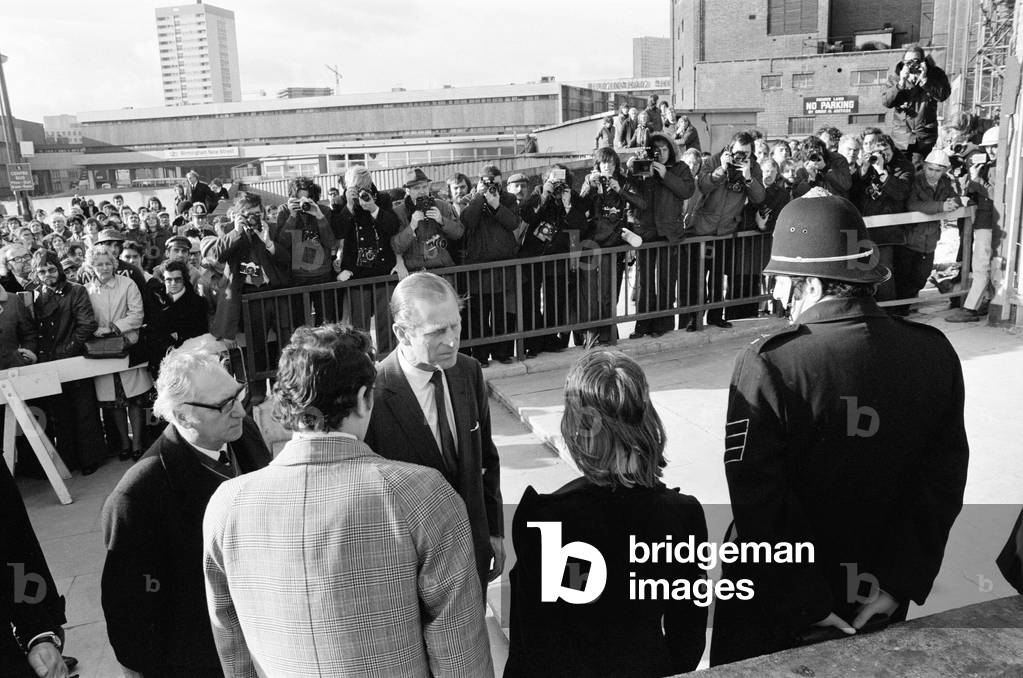 Prince Philip, Duke of Edinburgh visits the Mulberry Bush pub, one of the scene's of the Birmingham Pub Bombings., 25th November 1974 (b/w photo)