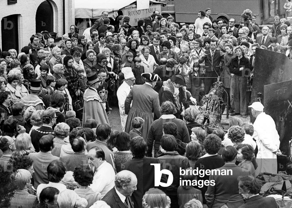 The Mayor of Warwick's Charity Fund received a £300 boost from the town's traditional Mop Fair ox roast. 14th October 1978 (b/w photo)