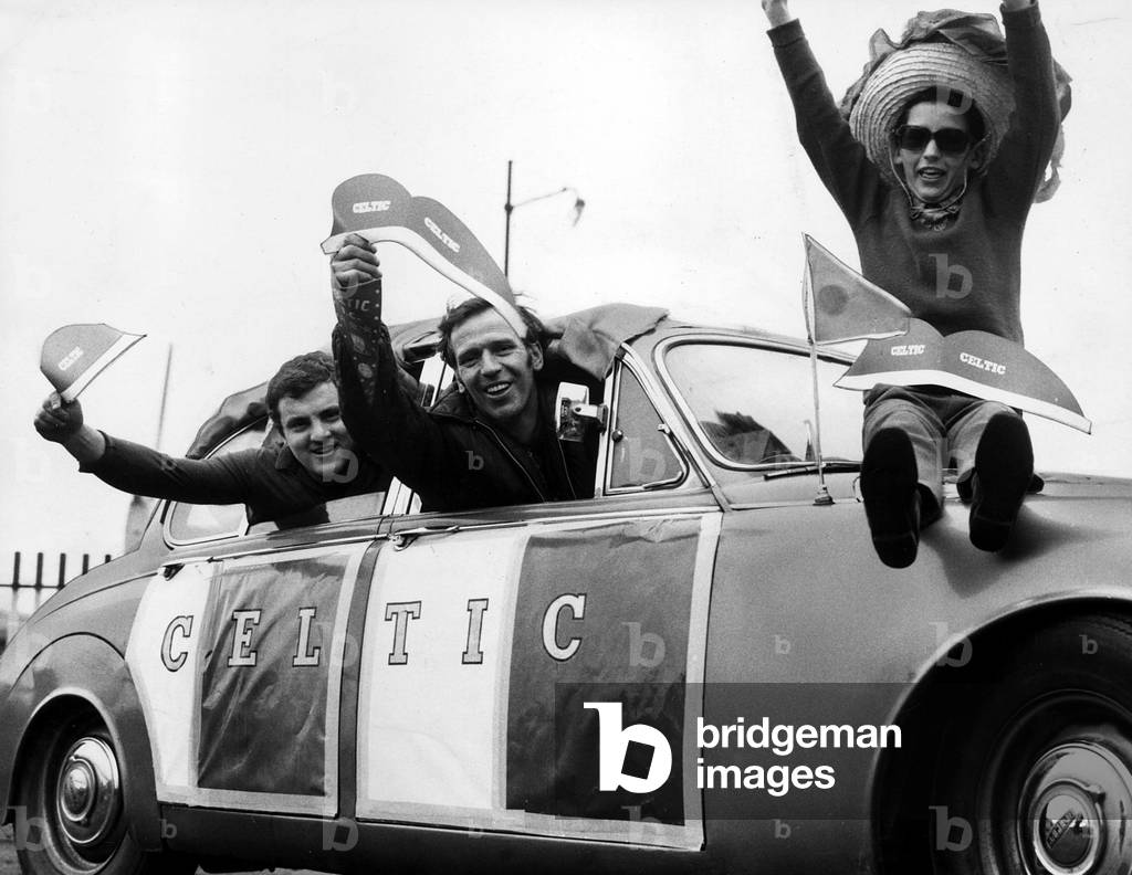 Celtic fans before setting off for match May 1970 (b/w photo)