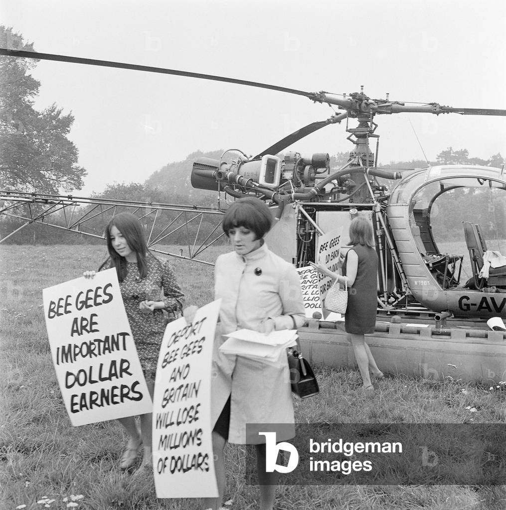 The Bee Gees Girls pictured protesting outside the home of Chancellor of the Exchequer James Callaghan, 27/08/1967 (b/w photo)