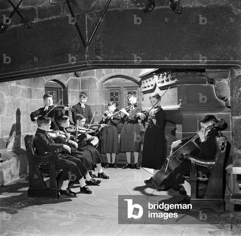 Orchestra, in traditional uniform of Chetham's hospital (School), Manchester. March 1952 C1346